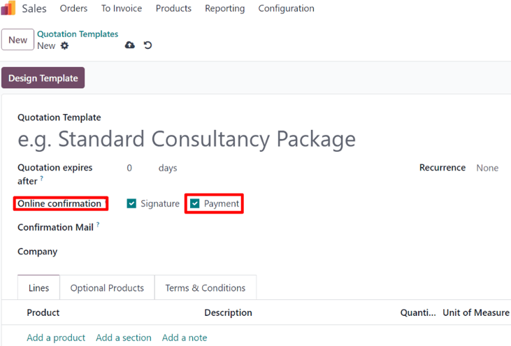 The online payment setting on quotation template forms in Axis Sales.
