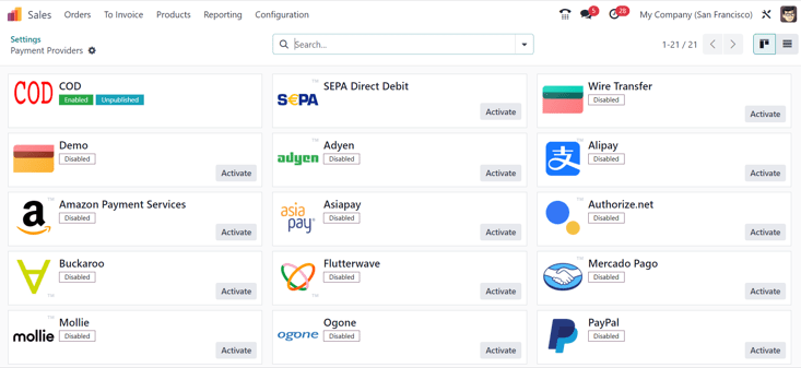 Payment providers page in Axis Sales.