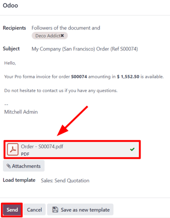 The email pop-up window that appears with pro-forma invoice attached in Axis Sales.