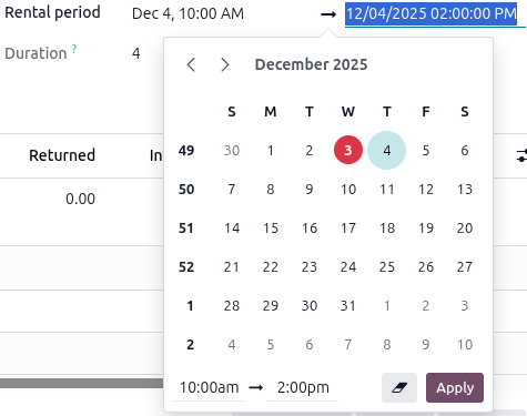 Sample of the rental period field calendar pop-up window in the Rental app.