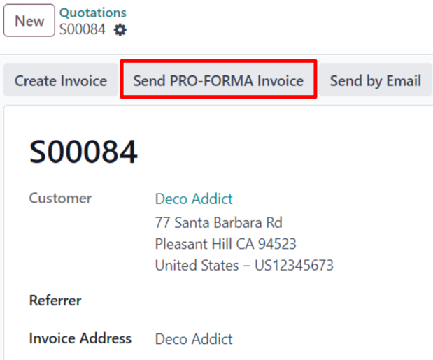 The Send Pro-Forma Invoice button on a typical sales order in Axis Sales.