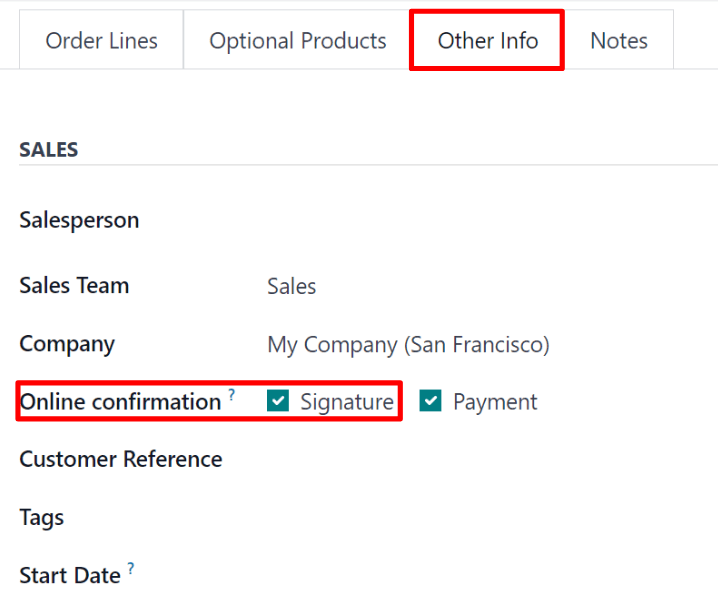 The online signature feature option in the Other Info tab of a quotation form in Axis.