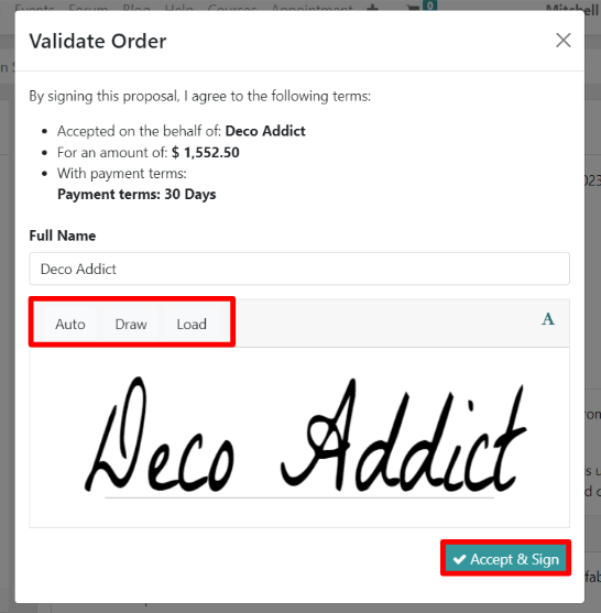 The Validate Order pop-up window for online signatures in Axis Sales.